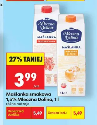 Maślanka smakowa pieczone jabłko Mleczna Dolina 1,5% promocja w Biedronka