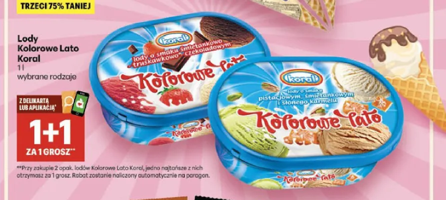 Lody Kolorowe Lato Koral o smaku śmietankowo-truskawkowo-czekoladowym promocja w Delikatesy Centrum