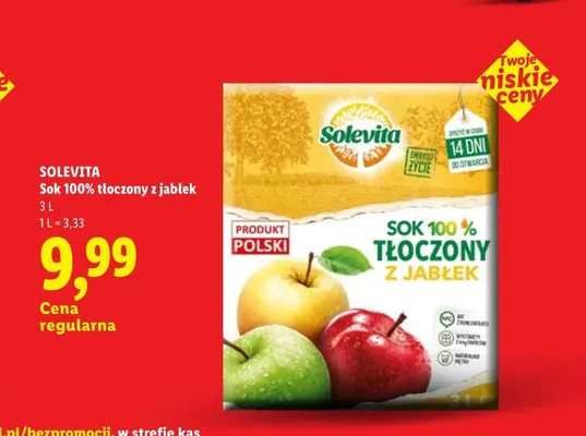 Sok tłoczony z jabłek Solevita 100% promocja w Lidl
