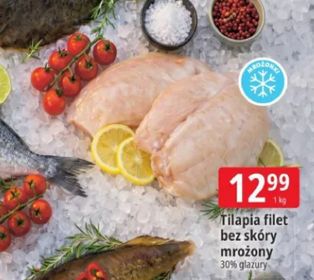 Tilapia filet bez skóry mrożony 30% glazury promocja w Leclerc
