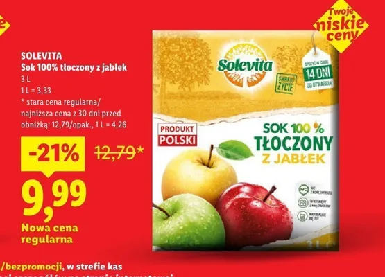 Sok 100% tłoczony z jabłek Solevita promocja w Lidl