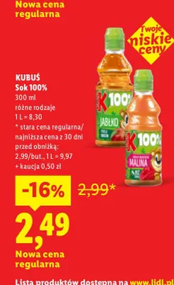 Sok jabłko Kubuś 100% promocja w Lidl
