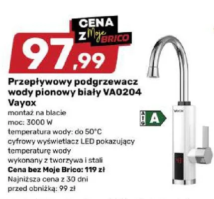Przepływowy podgrzewacz wody pionowy biały VA0204 Vayox promocja w Bricomarche