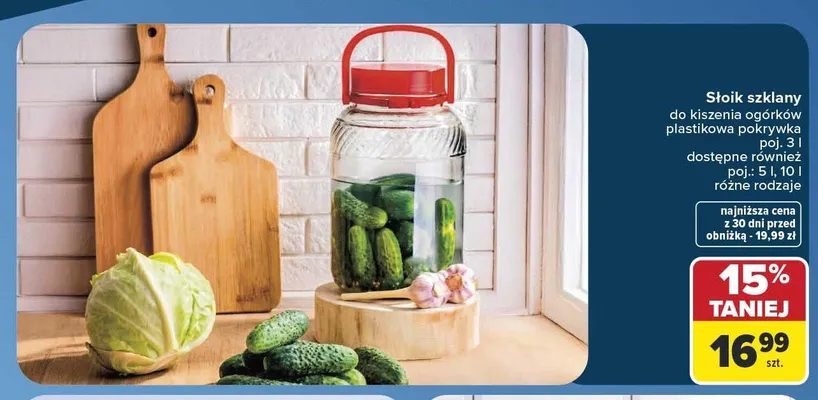 Słoik szklany do kiszenia ogórków z plastikową pokrywką 3 l promocja w Carrefour