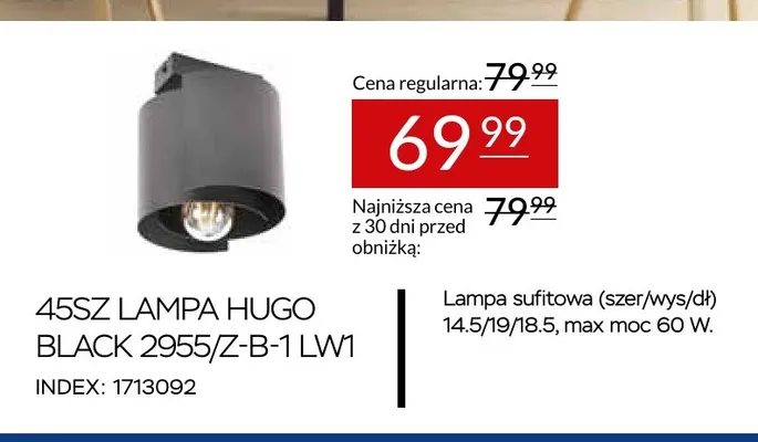45SZ Lampa Hugo Black 2955/Z-B-1 LW1 promocja w Abra Meble
