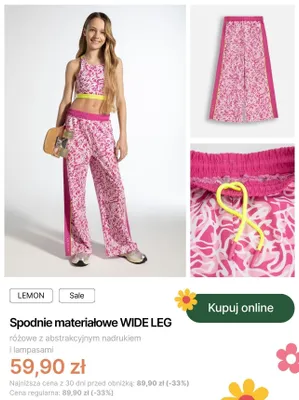 Spodnie materiałowe WIDE LEG Coccodrillo LEMON różowe z abstrakcyjnym nadrukiem i lampasami promocja w Coccodrillo