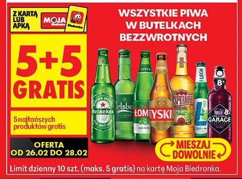 Piwa w butelkach bezzwrotnych 5+5 GRATIS promocja w Biedronka