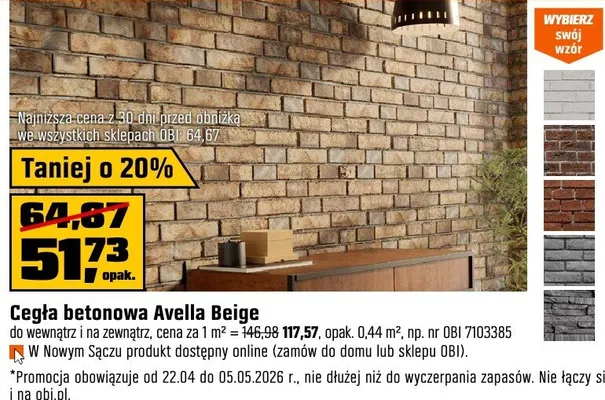 Cegła betonowa Avella Beige do wewnątrz i na zewnątrz promocja w OBI