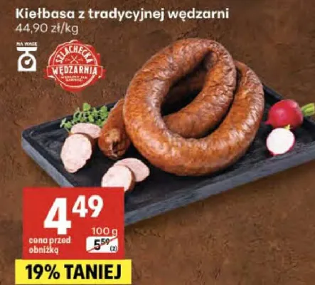 Kiełbasa z tradycyjnej wędzarni promocja w Delikatesy Centrum