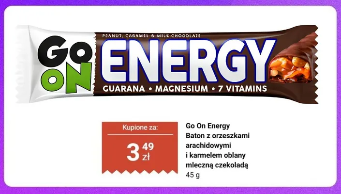Baton z orzeszkami arachidowymi i karmelem oblany mleczną czekoladą Go On Energy promocja w Biedronka