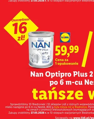 Mleko następne Nan Optipro Plus 2 po 6 m-cu promocja w Lidl