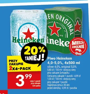 Piwo Heineken original 5,0% 4-pak 500ml promocja w Twój Market