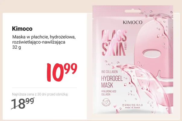 Maska w płachcie hydrożelowa rozświetlająco-nawilżająca Kimoco Glass Skin promocja w Rossmann