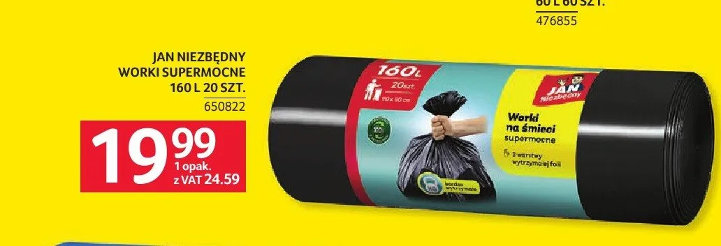 Worki na śmieci supermocne Jan Niezbędny 160 l promocja w Selgros
