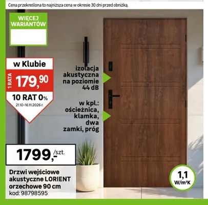Drzwi wejściowe akustyczne Lorient orzechowe 90 cm promocja w Leroy Merlin