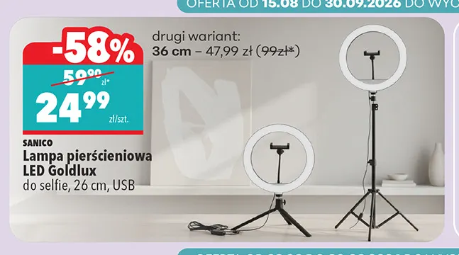 Lampa pierścieniowa LED Goldlux do selfie 26 cm USB promocja w Biedronka
