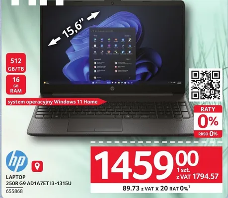 Laptop HP 250R G9 ADJ7AET I3-1315U promocja w Selgros