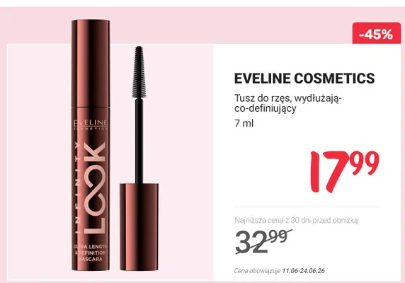 Tusz do rzęs wydłużająco-definiujący Eveline Cosmetics Infinity Look promocja w Rossmann