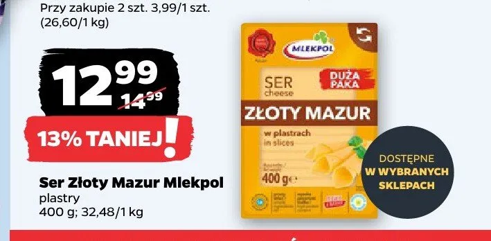 Ser Złoty Mazur plastry Mlekpol promocja w Netto