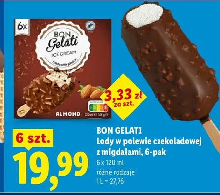 Lody w polewie czekoladowej z migdałami Bon Gelati 6-pak 120ml promocja w Lidl