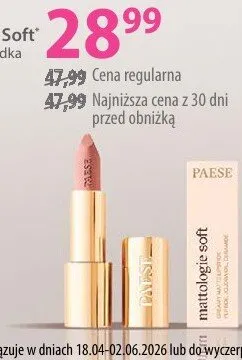 Matowa pomadka do ust Paese Mattologie Soft 113 Velvet Honey promocja w Hebe