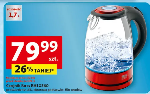 Czajnik Bass BH10360 podświetlenie LED, obrotowa podstawka, filtr osadów promocja w Auchan
