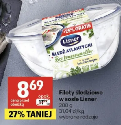 Filety śledziowe w sosie śmietanowym Lisner Śledź Atlantycki promocja w Delikatesy Centrum