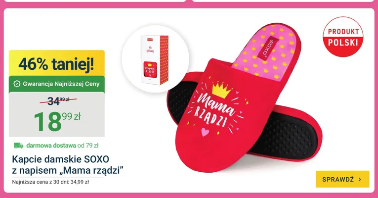 Kapcie damskie SOXO z napisem „Mama rządzi” promocja w ERLI