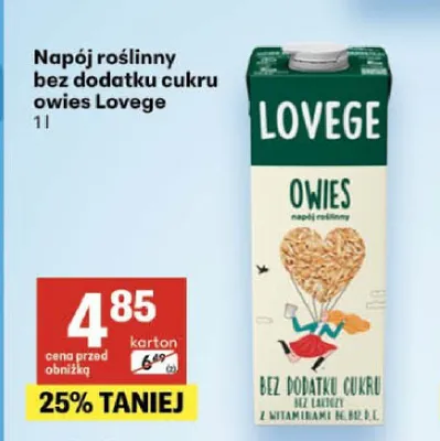 Napój roślinny owsiany Lovege bez dodatku cukru promocja w Delikatesy Centrum