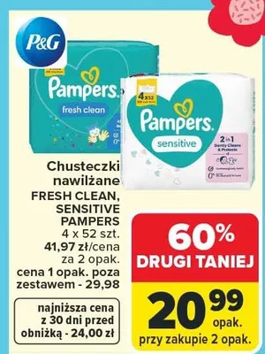 Chusteczki nawilżane Fresh Clean, Sensitive Pampers 4x52 szt. promocja w Carrefour Market