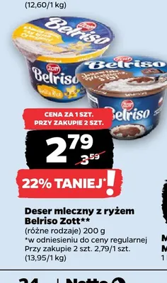Deser mleczny z ryżem Belriso Zott promocja w Netto