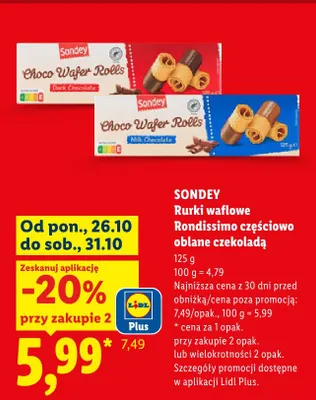 Rurki waflowe Rondissimo częściowo oblane gorzką czekoladą Sondey promocja w Lidl