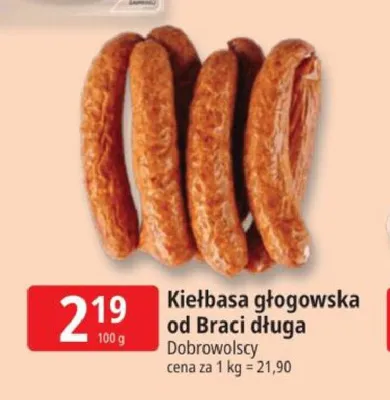 Kiełbasa głogowska od Braci długa Dobrowolscy promocja w Leclerc