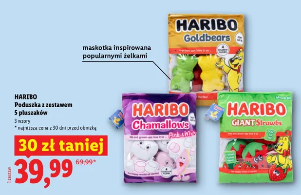 Poduszka z zestawem 5 pluszaków Haribo Giant Strawbs promocja w Lidl