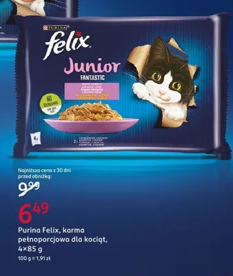 Karma pełnoporcjowa dla kociąt Purina Felix Junior Fantastic 4-pak 85g promocja w Rossmann