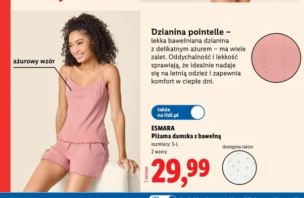 Piżama damska z bawełny pointelle Esmara promocja w Lidl