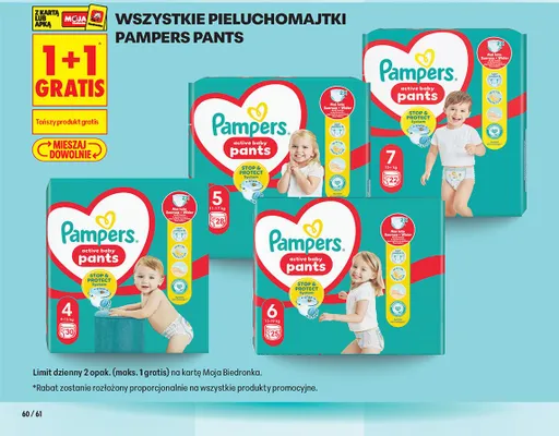 Wszystkie pieluchomajtki Pampers Pants 1+1 GRATIS promocja w Biedronka