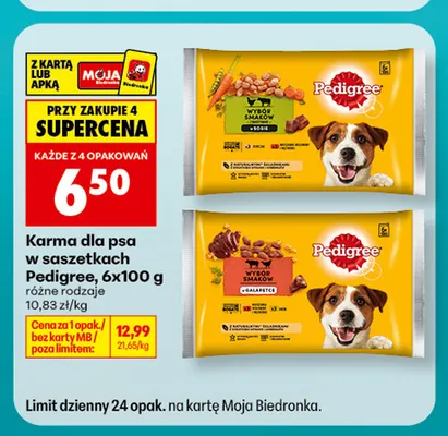 Karma dla psa w saszetkach Pedigree wybór smaków w sosie 6-pak 100 g promocja w Biedronka