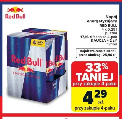 Napój energetyzujący RED BULL 4-pak 0,25l promocja w Carrefour Market