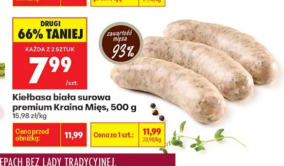 Kiełbasa biała surowa premium Kraina Mięs promocja w Biedronka