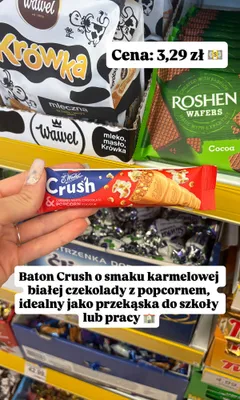 Baton E.Wedel Crush o smaku karmelowej białej czekolady z popcornem promocja w Dino