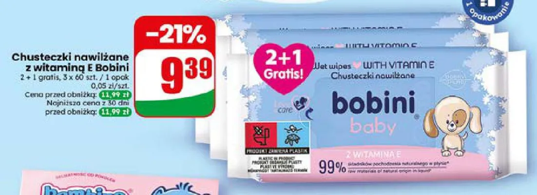 Chusteczki nawilżane z witaminą E Bobini 3-pak promocja w Dino
