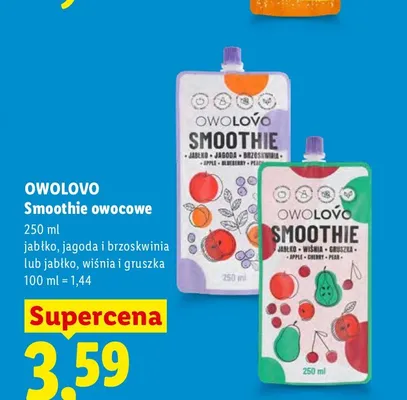 Smoothie owocowe Owolovo jabłko jagoda brzoskwinia promocja w Lidl