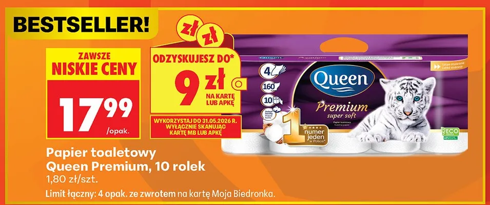Papier toaletowy Queen Premium super soft 10-pak promocja w Biedronka