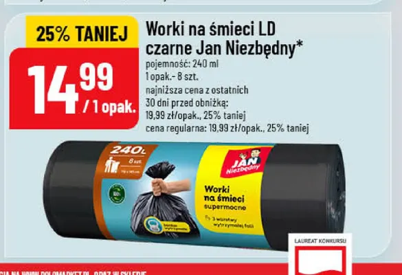 Worki na śmieci LD czarne Jan Niezbędny supermocne 240 l 8-pak promocja w POLOmarket