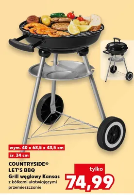 Grill węglowy Kansas Countryside Let's BBQ wym. 40x68,5x43,5cm śr. 34cm z kółkami ułatwiającymi przemieszczanie promocja w Kaufland