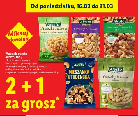 Orzechy wszystkie rodzaje 2+1 za grosz promocja w Lidl