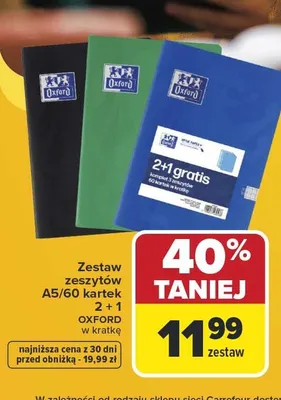 Zestaw zeszytów A5 60 kartek Oxford w kratkę 3-pak promocja w Carrefour