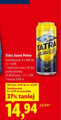 Piwo Tatra Jasne Pełne 6-pak promocja w Lidl