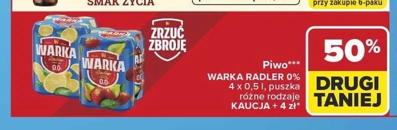 Piwo bezalkoholowe Warka Radler 0% 4-pak promocja w Carrefour